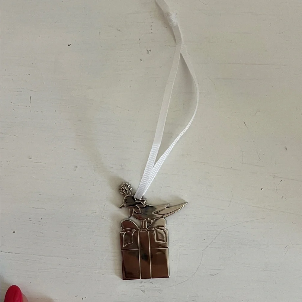 Tiffany & Co. Silver Bird Perched on Gift Ornament with White Ribbon